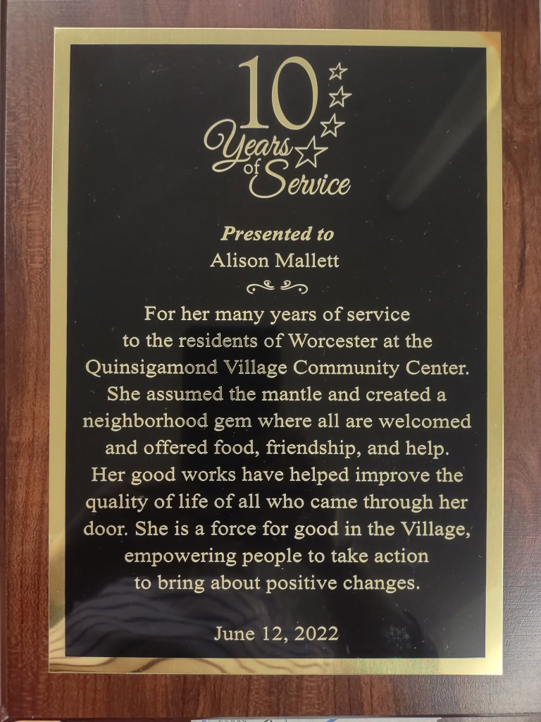 10-Year Service Award Plaque presented to Alison Mallett